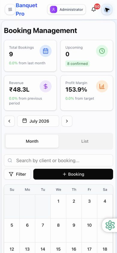 Bookings workflow on the BanquetPro mobile interface